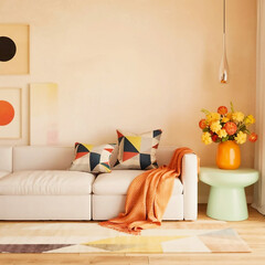 Bright and cozy living room with a modern white sofa adorned with colorful cushions and throw blankets. Vibrant flowers and geometric wall art complete the lively, welcoming atmosphere.Generative AI.