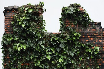 Ivy-covered brick wall, partially ruined, showing age and nature's reclaiming.