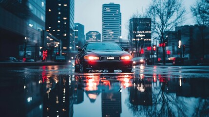 Obraz premium Reflections of a Black Car on Wet Street in Urban Evening Light