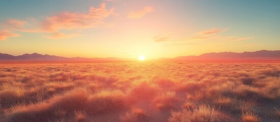 Fototapeta premium Sunset over grassy plains, mountains backdrop