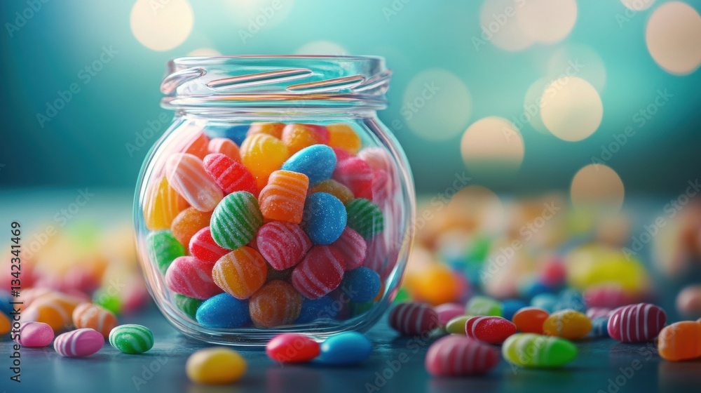 Poster colorful candy in a glass jar with soft bokeh background creating a whimsical and inviting atmospher