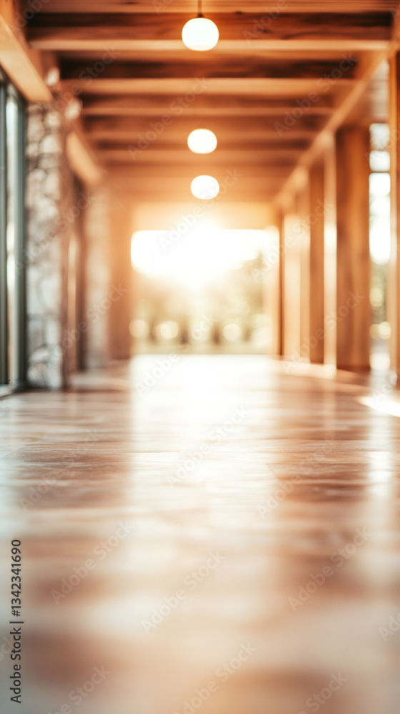 Poster empty corridor with wooden floor and ceiling lights illuminating the passage leading to a blurred br