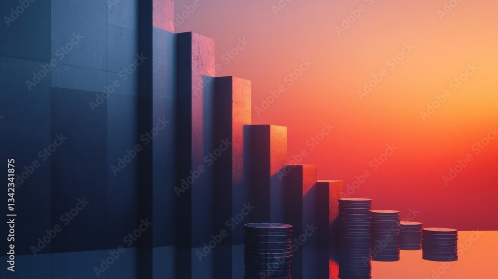 Poster abstract representation of financial growth with rising coin stacks and geometric blocks against a v