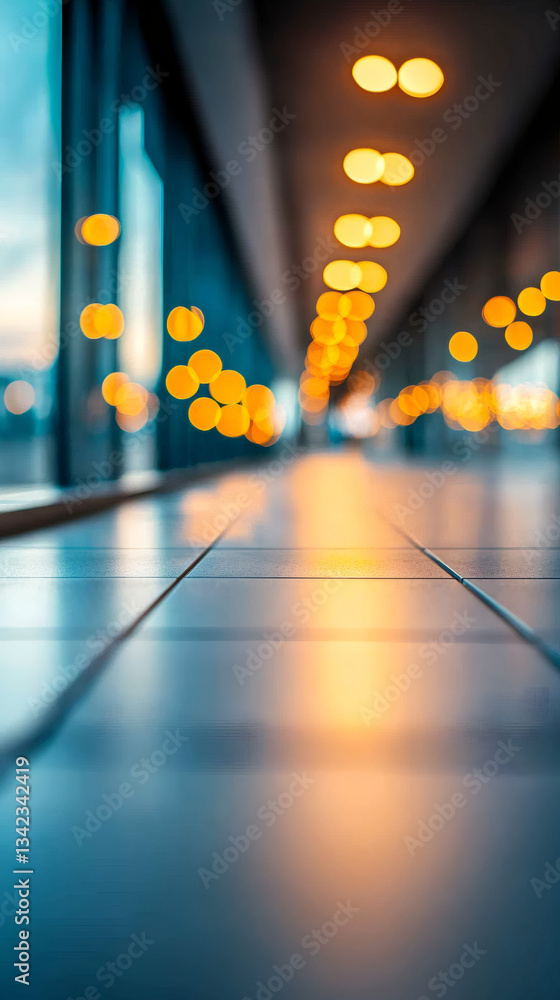 Fototapete warm yellow lights creating bokeh effect in a corridor with tiled floor and blue windows reflecting 