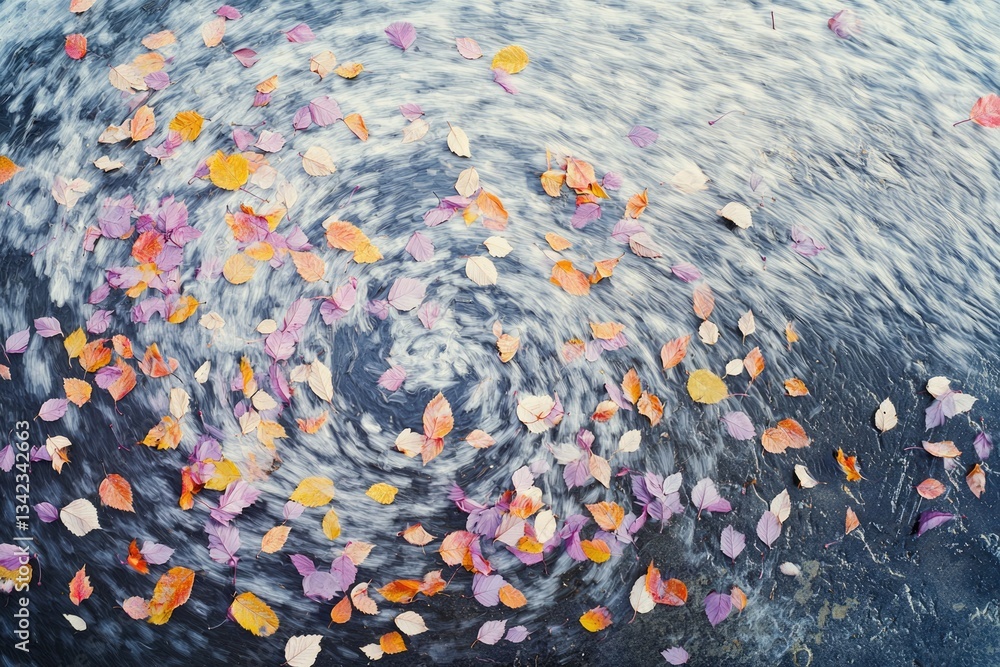 Poster autumn leaves swirling in a vortex on a dark surface, creating a beautiful and abstract pattern.