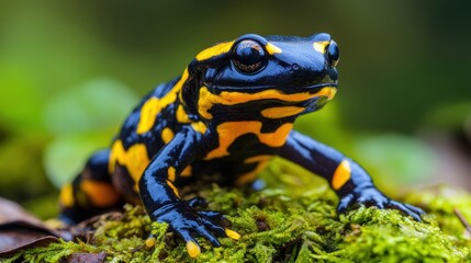 Fototapeta premium Vibrant Black and Yellow Frog on Moss in Lush Green Environment, Capturing Colors of Nature and Wildlife in Detail