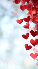 Obraz premium Falling red hearts floating over soft blue bokeh, representing romantic love and tender emotions against blurred luminous background
