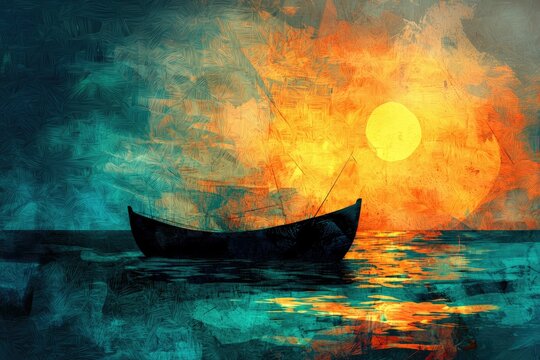 Silhouetted boat on tranquil water at sunset, painted with textured brushstrokes.