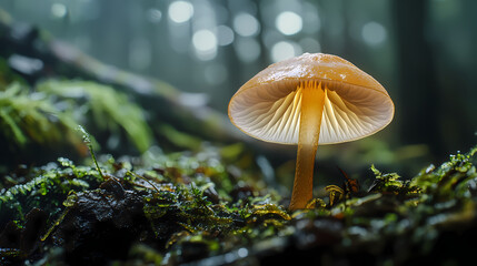 A young mushroom's cap is sharply pointed, covered in a clear, jelly-like coating that shields its vulnerable inner. Primal Mycelium. Illustration