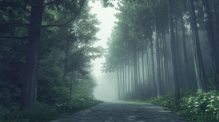 Fototapeta premium A foggy forest road lined with tall trees stretches into the distance