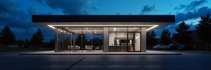 Fototapeta premium Modern architectural office building at dusk with illuminated interior, sleek design, and a minimalist style, concept of real estate or architecture firm
