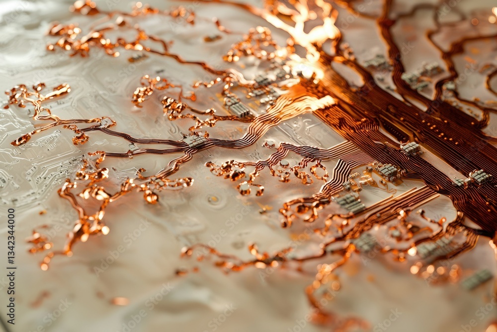 Poster intricate copper circuitry resembling a tree-like network on a circuit board.