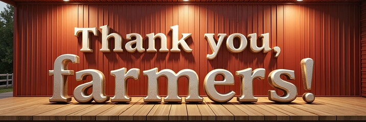 3D golden sign saying “Thank you, farmers!” displayed on a red wooden background, rustic theme celebrating agricultural appreciation, concept of agriculture, farming, appreciation