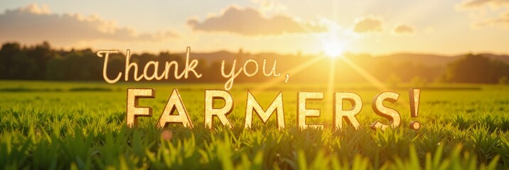 Inspirational farm landscape with sunlight shining over green grass and golden “Thank you, Farmers!” text, serene concept of agriculture or celebration