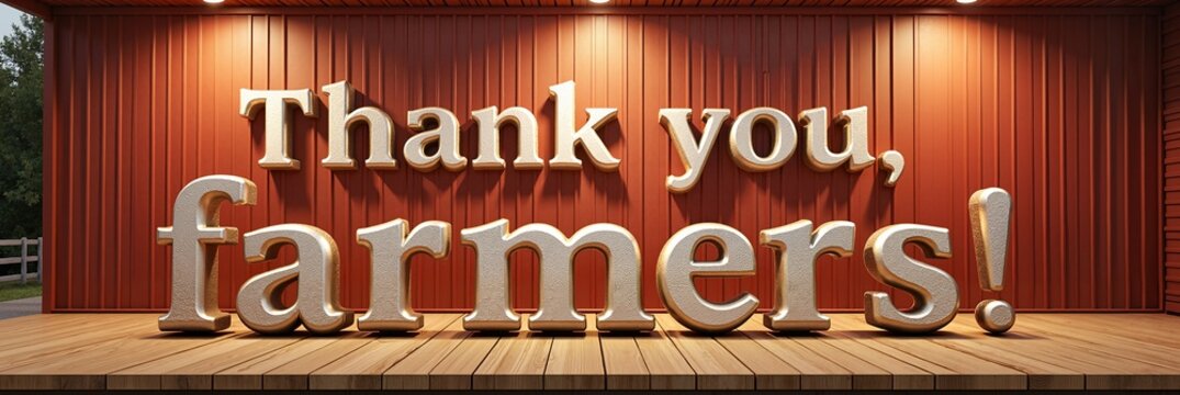 3D golden sign saying “Thank you, farmers!” displayed on a red wooden background, rustic theme celebrating agricultural appreciation, concept of agriculture, farming, appreciation