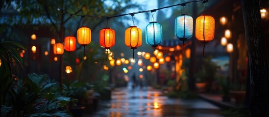 Naklejka premium Rainy Night Asian Alleyway Lanterns
