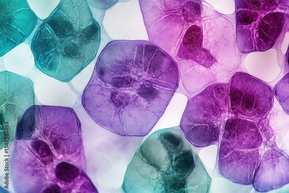 Poster microscopic view of vibrant cells, showcasing intricate structures and diverse color palettes.