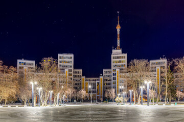Derzhprom building. Night illumination. Kharkiv, Ukraine