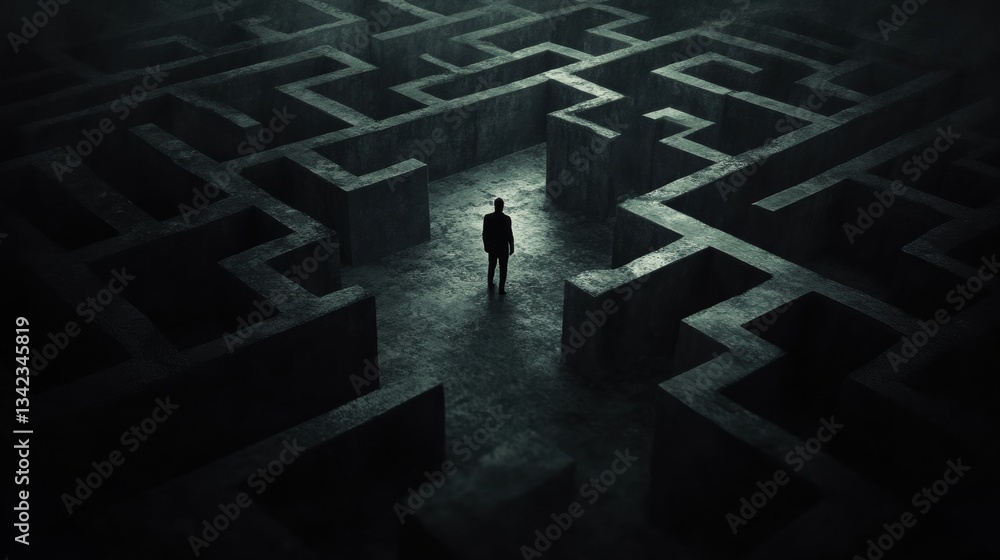 Poster dark and mysterious maze with a solitary figure contemplating the path ahead in a shadowy environmen