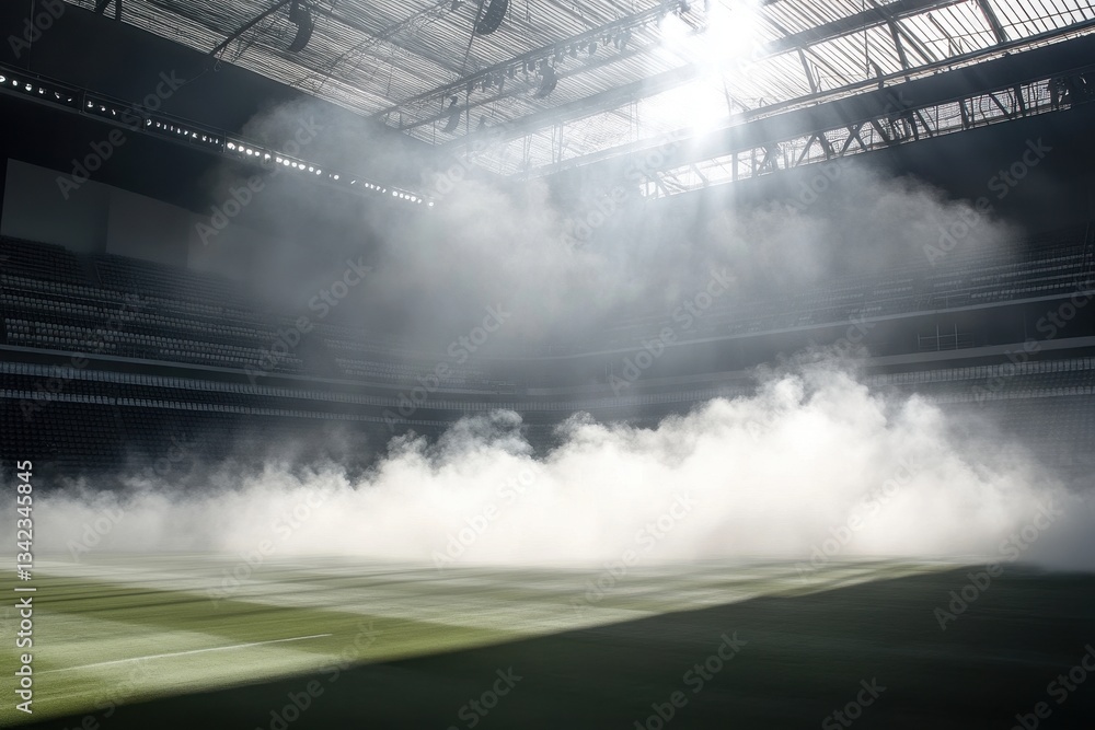 Poster fog fills a bright stadium field with rows of seats in the background. use for dramatic sports event