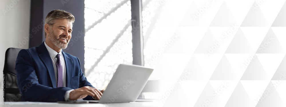 Poster handsome middle aged businessman in suit working with laptop in modern office, smiling confident man