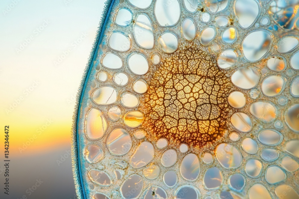 Poster microscopic view of intricate cellular structure, revealing a network of interconnected cells agains