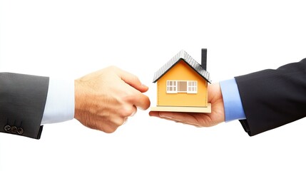 Businessmen shaking hands, exchanging house model