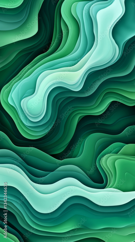 Aufkleber abstract background with curvy layers creating a topographic landscape in shades of green and turquo