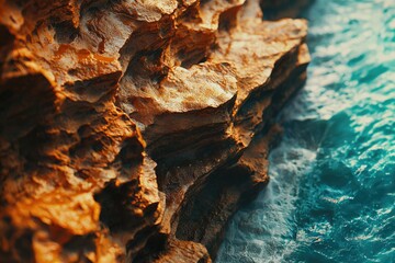 Obraz premium Sunlit, textured rock cliff face meets turquoise ocean waves; a scenic coastal view.