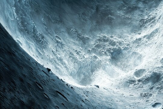 A dramatic view of a lunar crater, showcasing the rugged, impact-scarred surface of the moon.