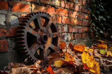 Rusty cogwheel rests against old brick wall, surrounded by autumn leaves.