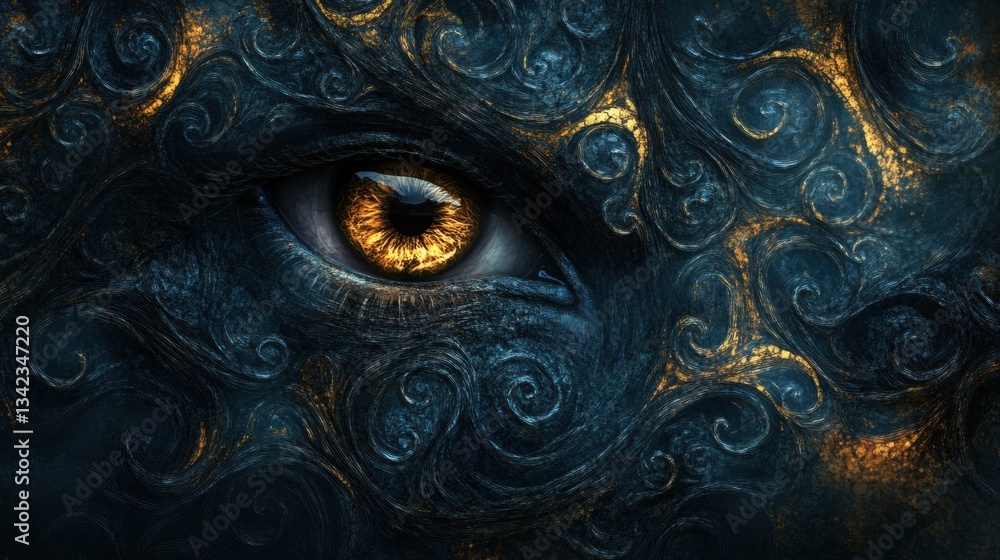 Poster intricate close-up of an eye surrounded by ornate patterns featuring swirls and textures in shades o