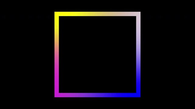Multicoloured social media square border picture frame with a moving coloured gradient of pink, blue, yellow & white rotating around an empty frame with transparent alpha transparency background [4K]