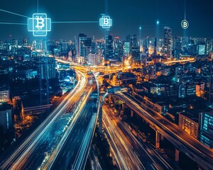 Obraz premium In a futuristic metropolis, blockchain fuels smart living Cryptocurrency powers transportation, communication, and more in this cuttingedge urban landscape