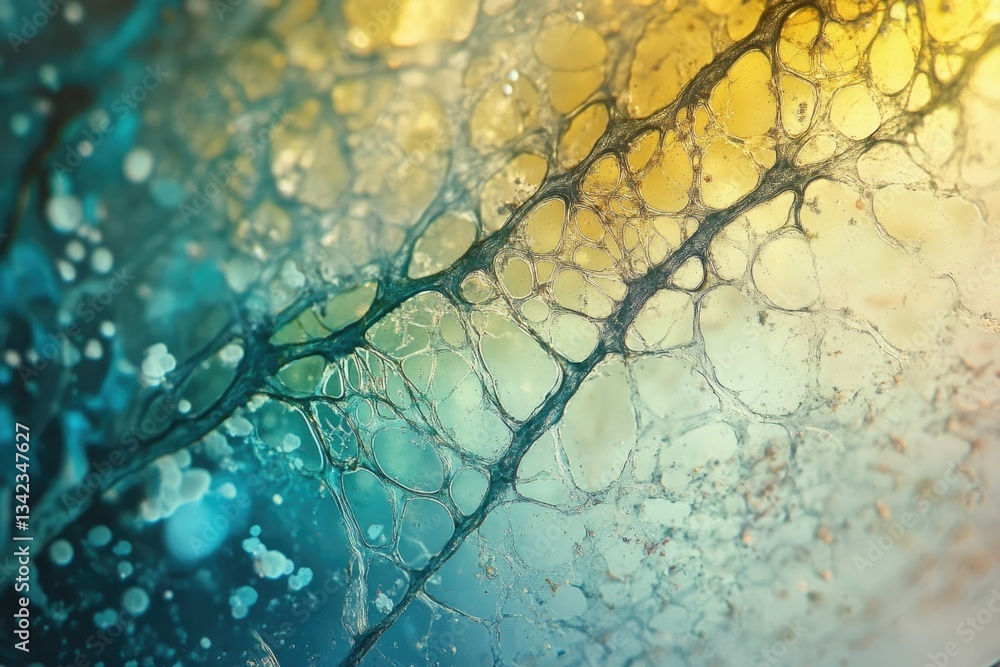 Poster abstract image of intricate, web-like structure with teal and gold hues, resembling a microscopic vi