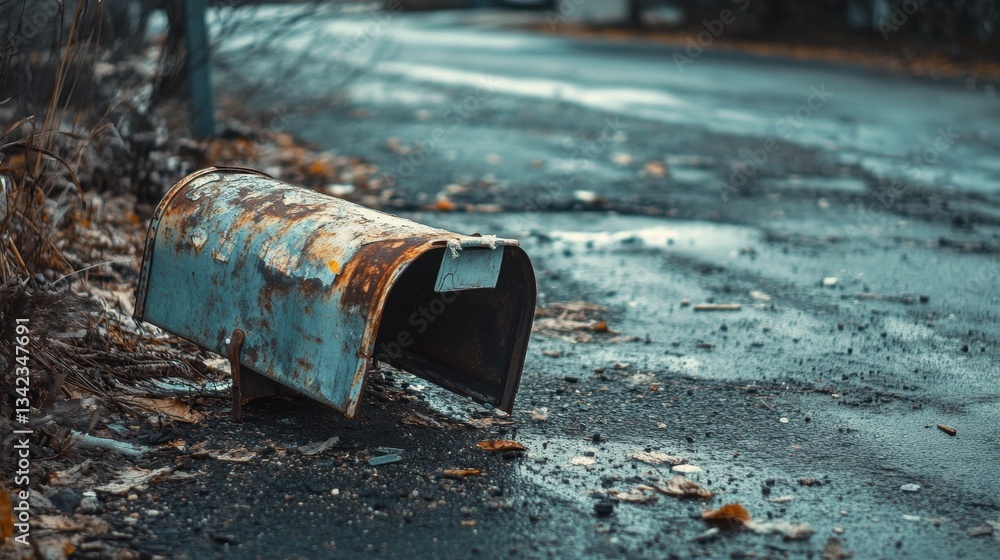 Poster abandoned rusty mailbox on a rainy road surrounded by fallen leaves in a desolate setting capturing 