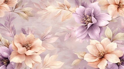 Pastel Floral Seamless Pattern Delicate Watercolor Flowers and Leaves on a Beige Background with Floral Motif and Botanical Design. Flowers, Leaves and Background. Pastel Colors. Delicate Design