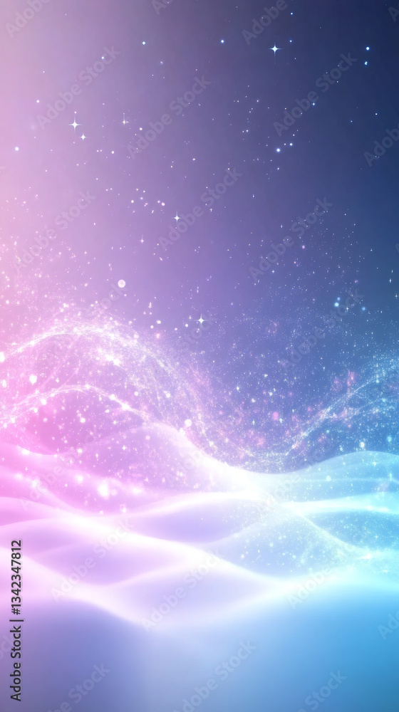Poster Pastel pink and blue waves undulating with luminous particles, blending gradient colors into soft, mesmerizing visual landscape
