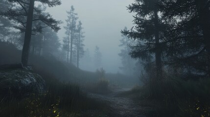 The foggy and mysterious forest pathway with tall trees and greenery