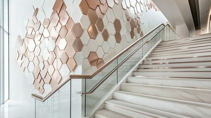 An elegant staircase lined with a bold art wall featuring overlapping hexagonal tiles in tones of rose gold and matte white
