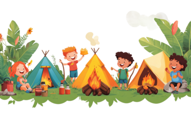 Colorful kids summer camp banner with campfires and tents Isolated on transparent background PNG