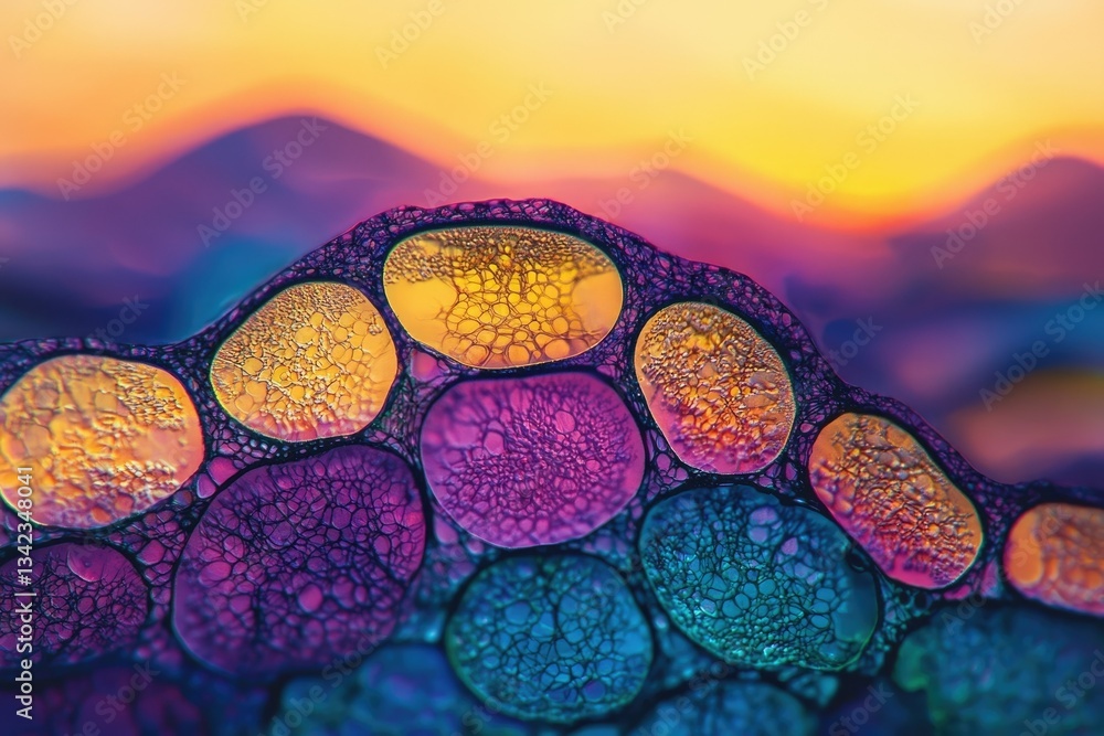 Poster vibrant oil bubbles form a hill-like structure against a sunset backdrop, creating a mesmerizing abs