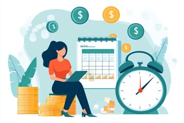 A calendar for keeping track of personal financial bill payments is laid out in a flat format, where a woman reviews her pay schedule or payroll to stay on top of tax, loan, and debt deadlines, as