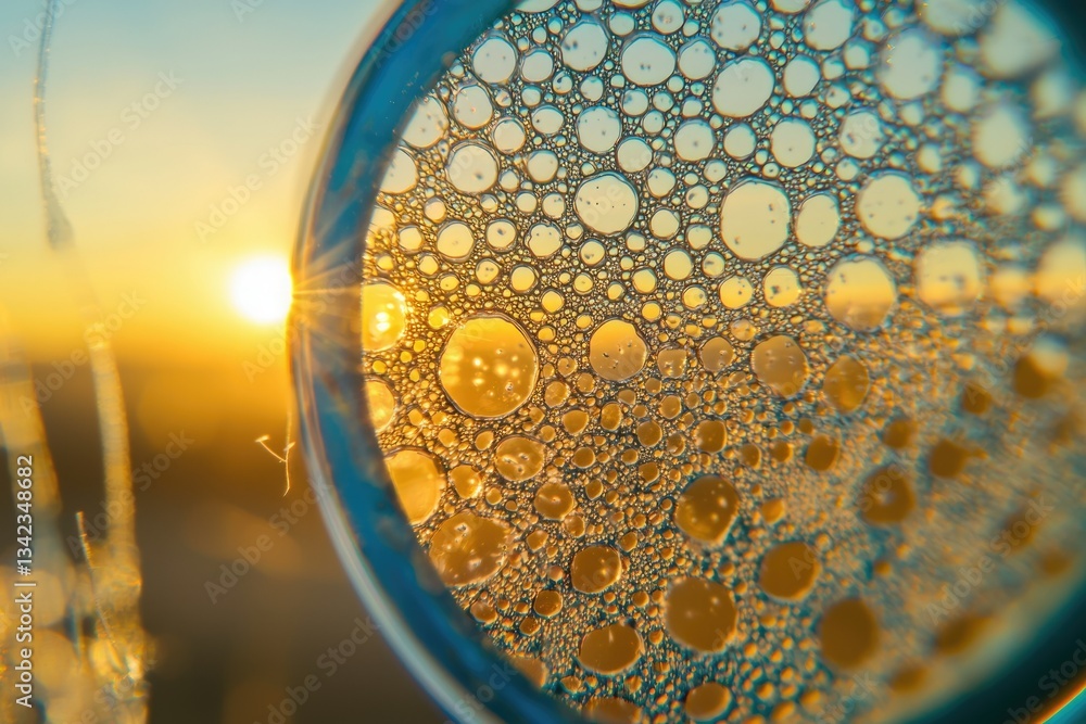 Poster sunset viewed through a lens with oil and water creating abstract circular bubbles.