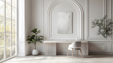 Serene White Home Office Design with Plants