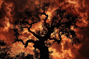 Silhouetted tree against a fiery, orange and red sunset sky.