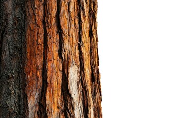 Close-up of textured tree bark, showing rich brown and dark tones, isolated on white.