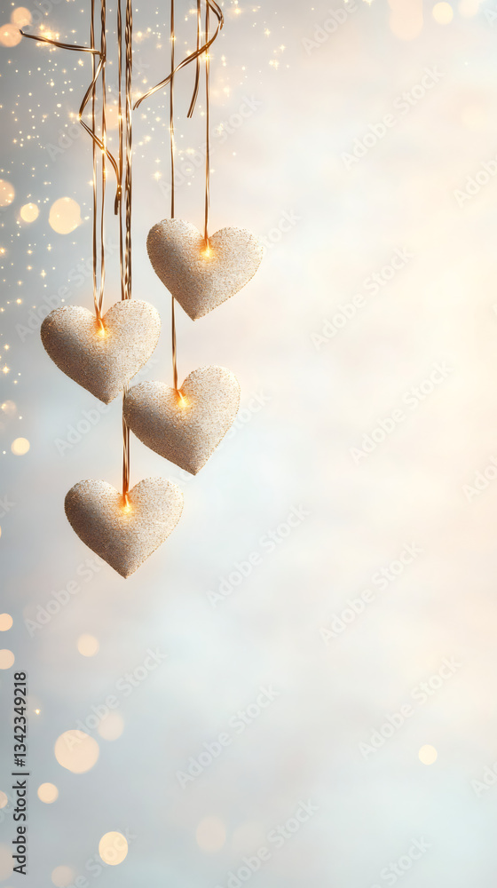 Poster five glowing golden hearts hanging on a string light creating a romantic atmosphere for valentine's 