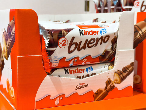 Kinder bueno chocolate bars on store shelf display in grocery aisle
