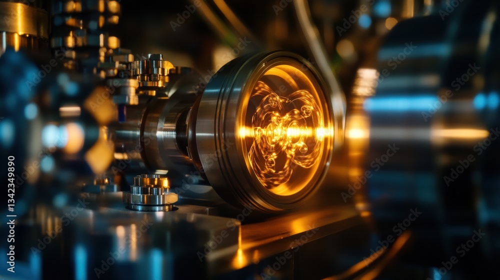 Poster close-up of advanced machinery part with bright glow and intricate details showcasing engineering an